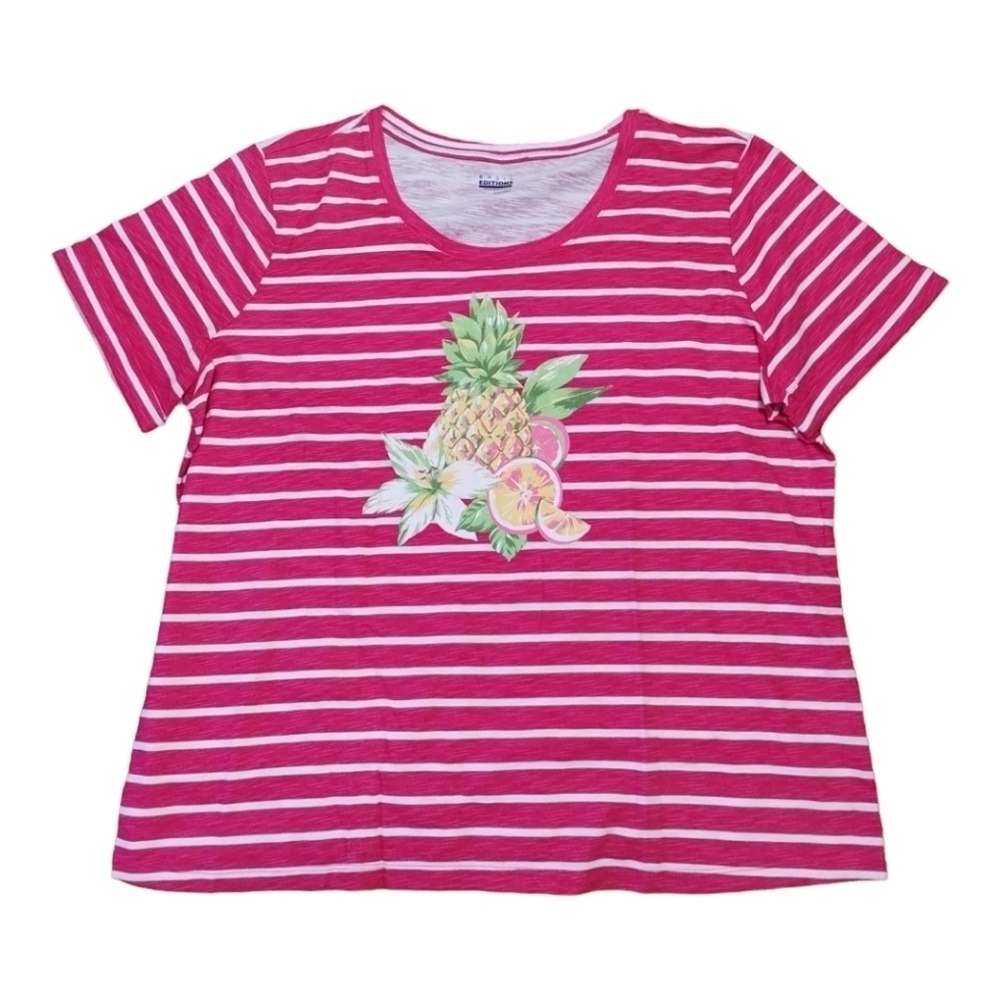 Basic Editions Scoop-Neck Short Sleeve Tropical Graphic Stripes Tee